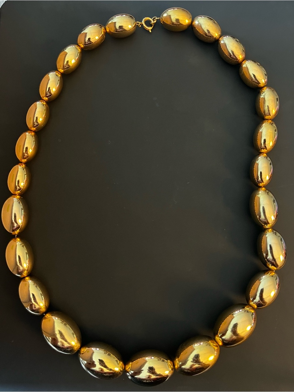 Polished Gold Tone Oval Beaded Statement Necklace 25.5”